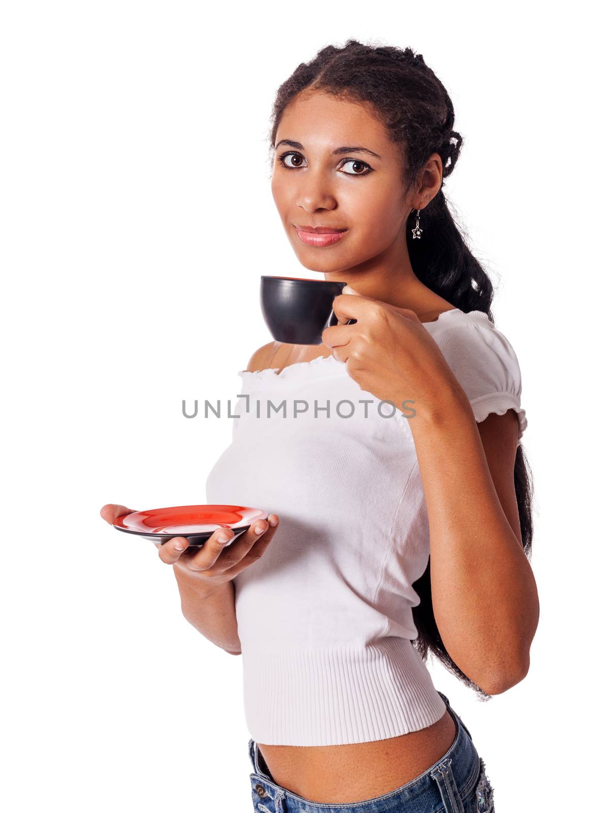 Young mulatto Woman drinking coffee isolated on white