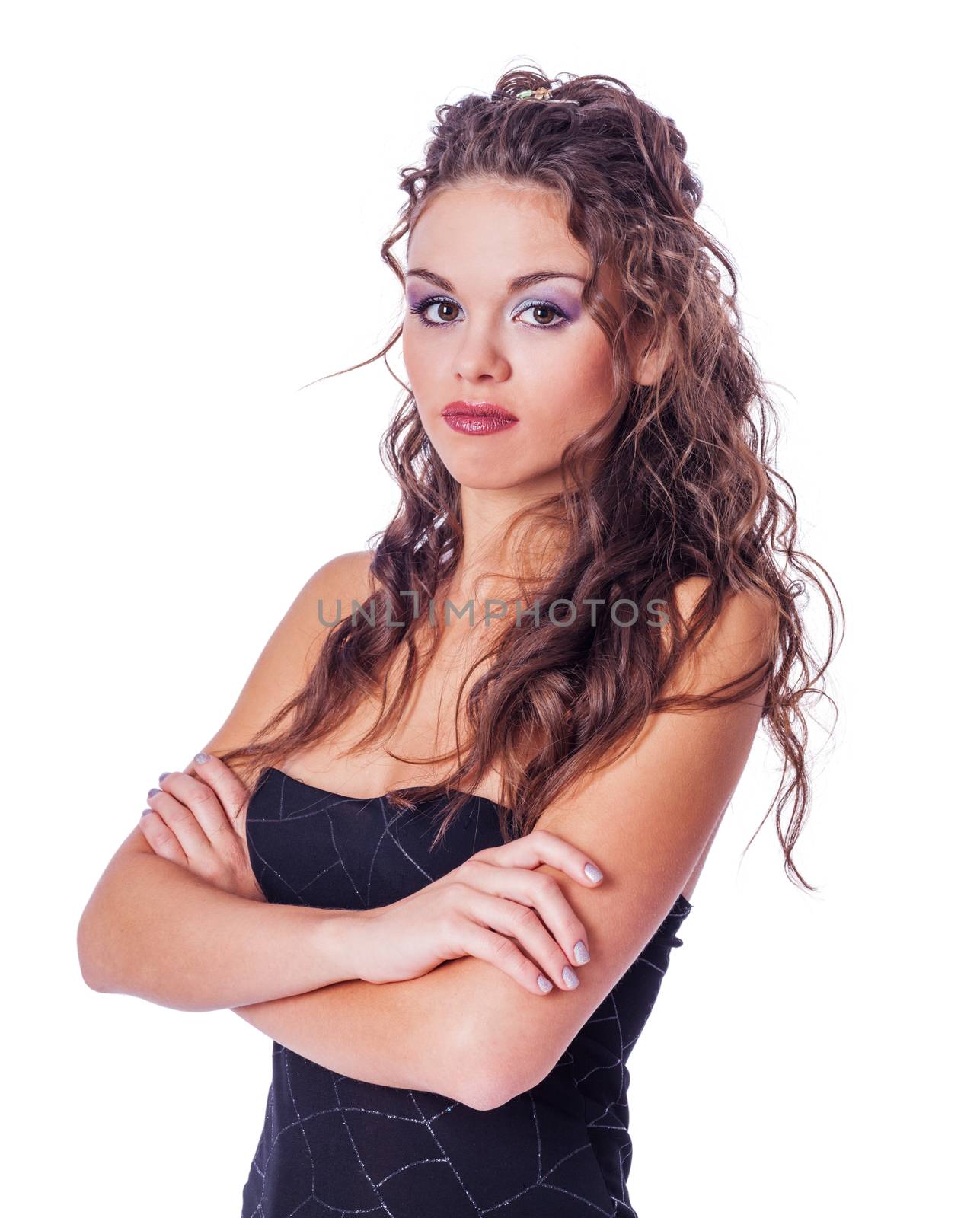 beautiful young woman standing wearing dress isolated on white