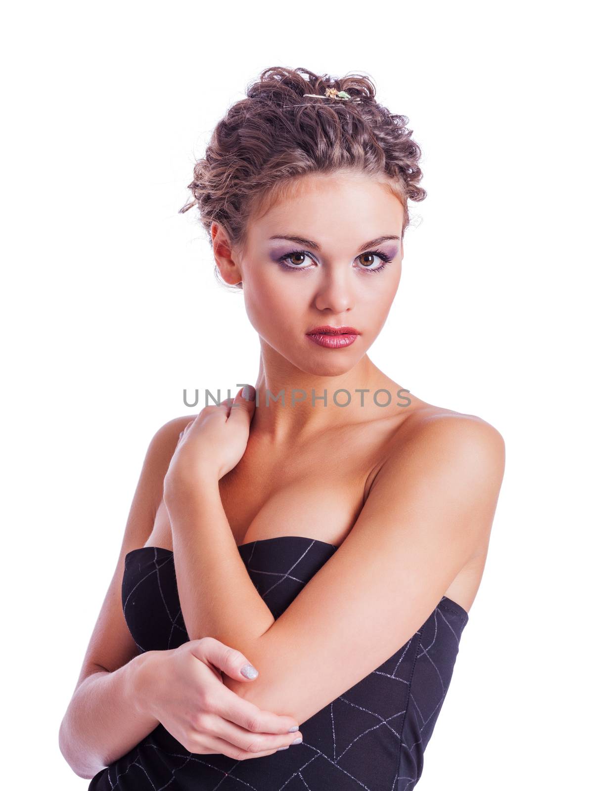 beautiful young woman standing wearing dress isolated on white