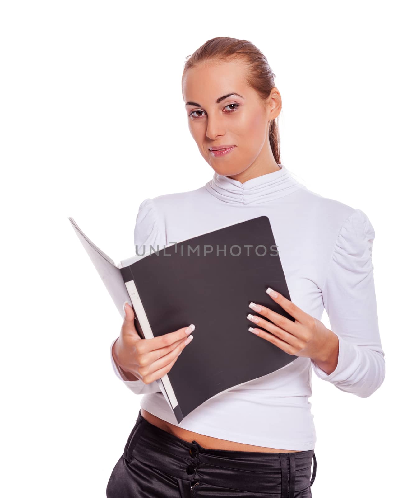 Business woman holding contract isolated on white