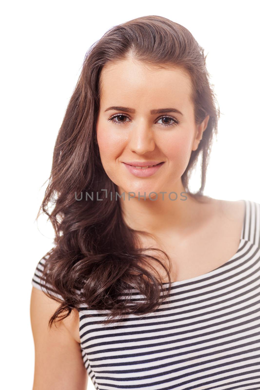 Smiling young woman with long dark hair isolated on white