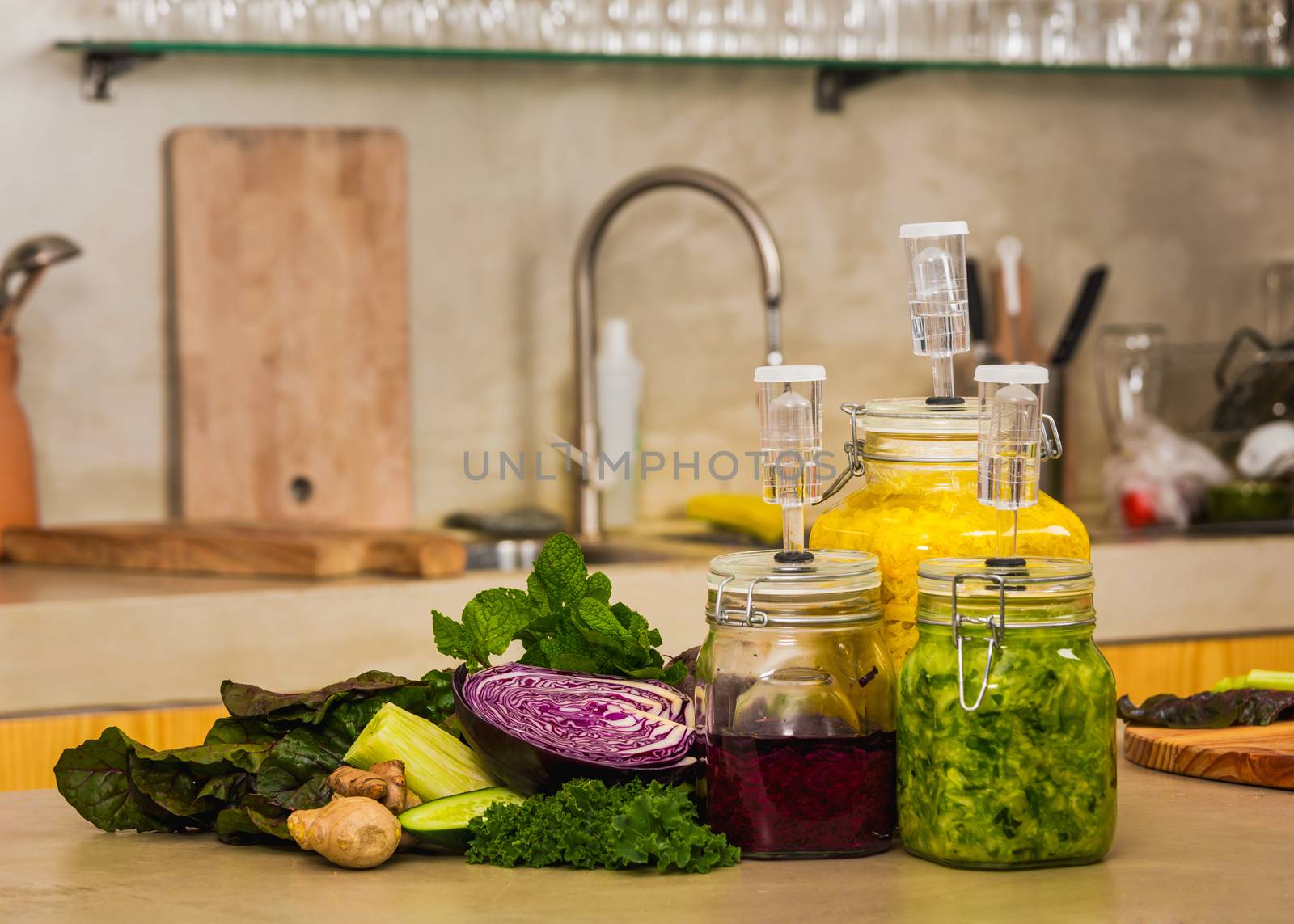 Preparing fermented preserved vegetables. Jars of cabbage kimchi and sauerkraut sour cabbage. 
