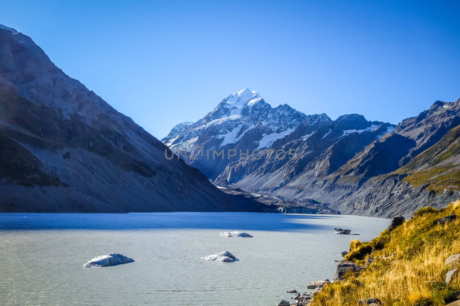 Hooker lake in Aoraki Mount Cook national park, New Zealand