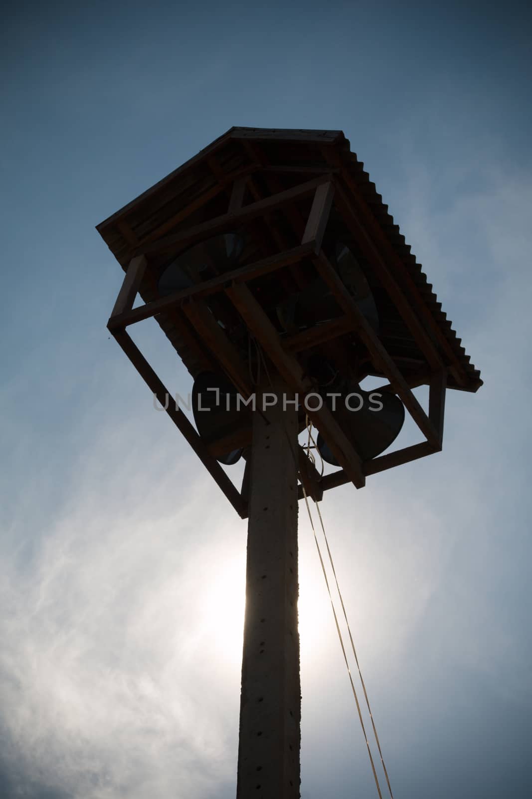 Old public loudspeakers broadcast on high tower with long distance tower by N_u_T