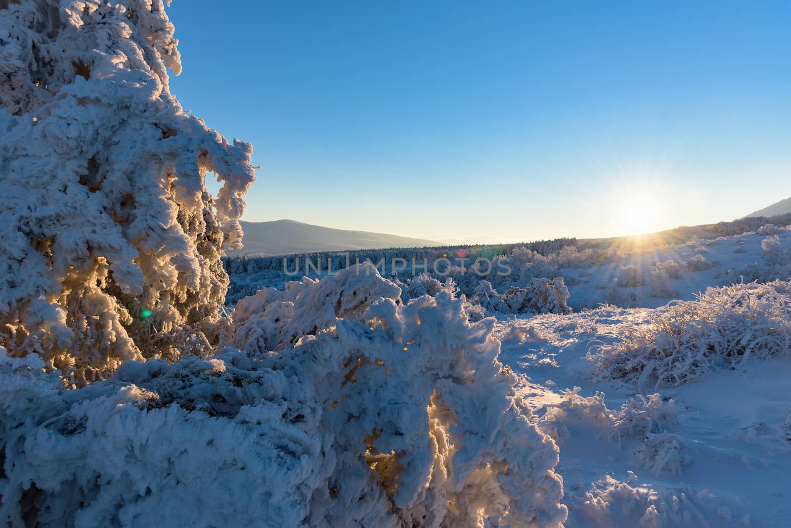 Beautiful sunset in mountains of Crimea