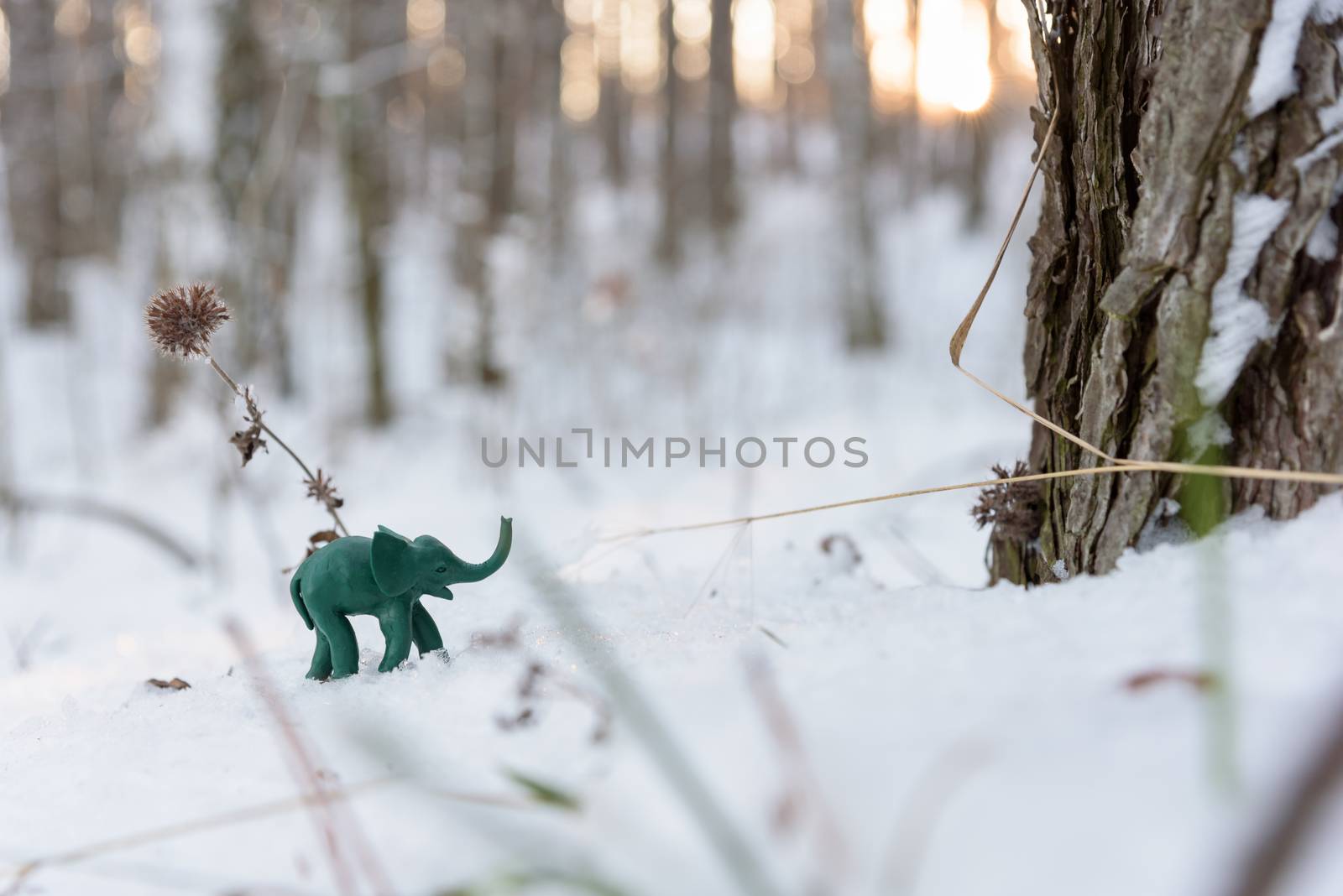 Plasticine green elephant adventure with frozen plant on snow