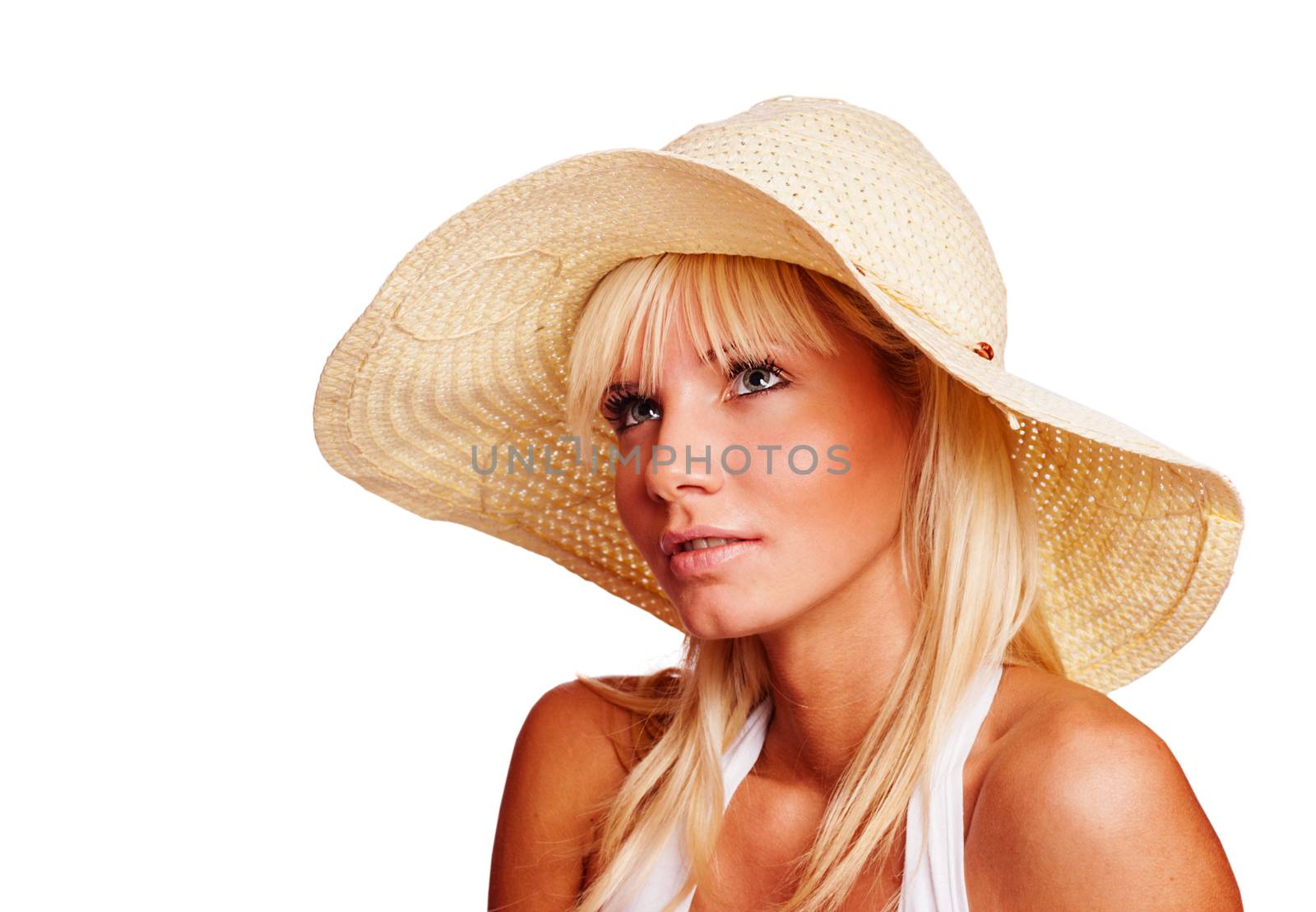 Young blonde Woman wearing straw hat isolated on white