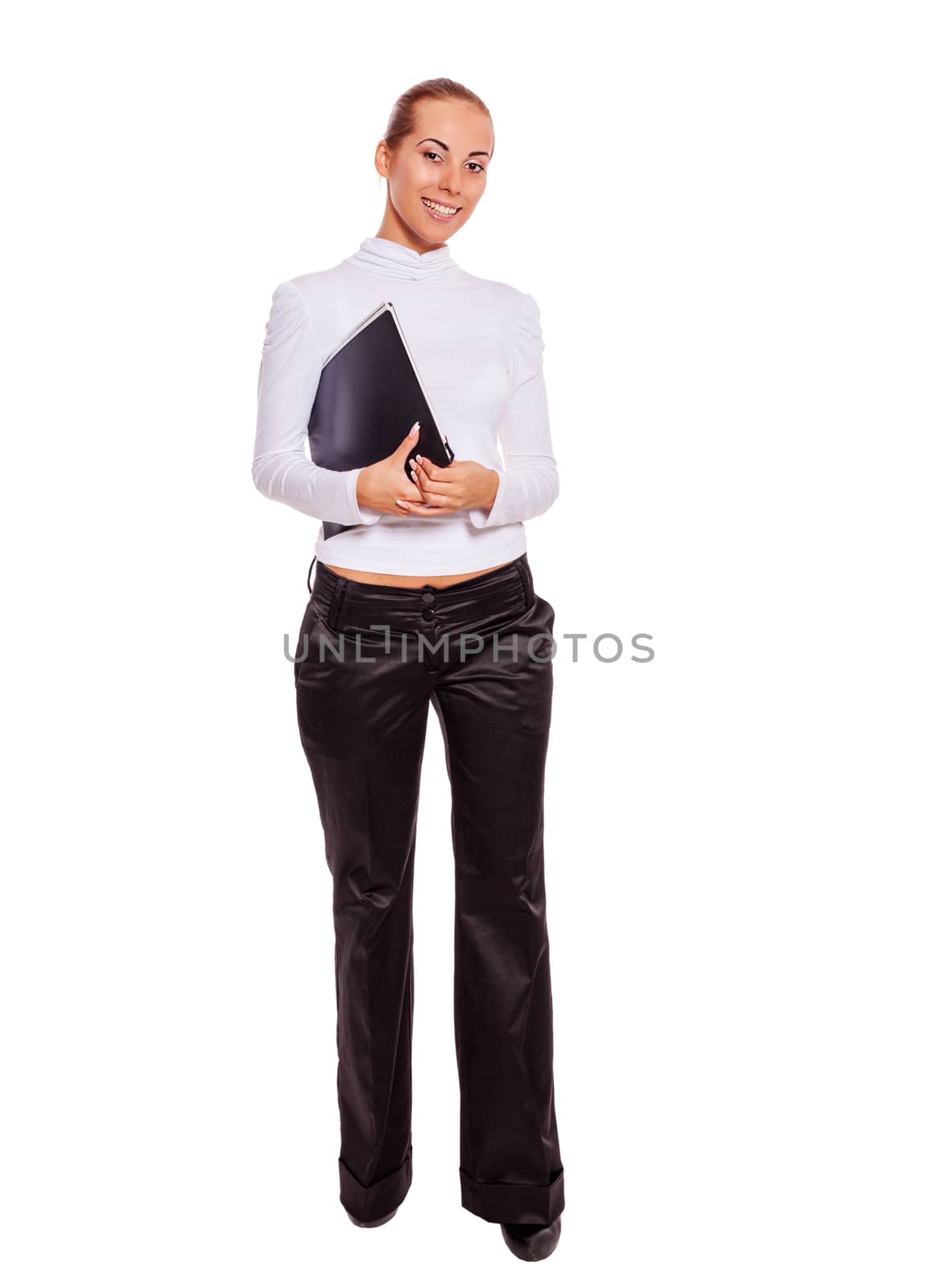 Business woman holding contract standing isolated on white