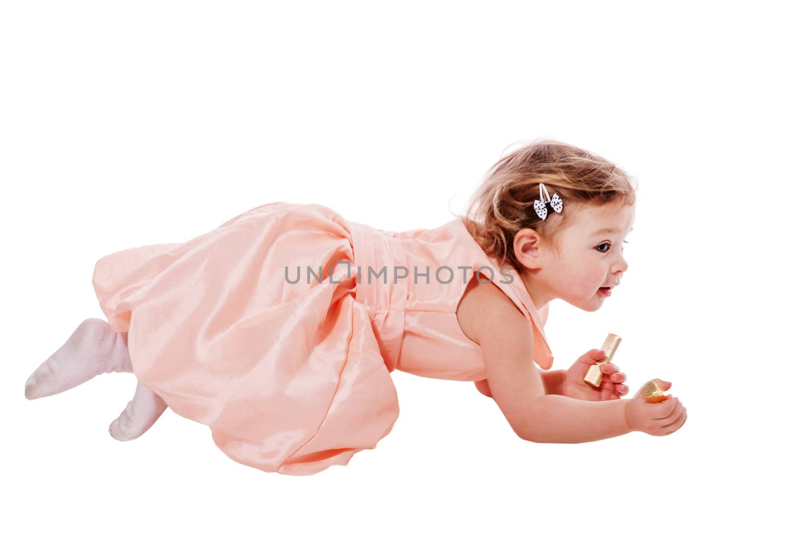 Little girl wearing beautiful dress crawl isolated on white