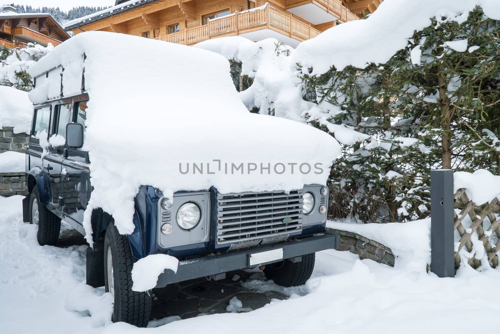 Four-wheel drive like a Jeep covered with snow