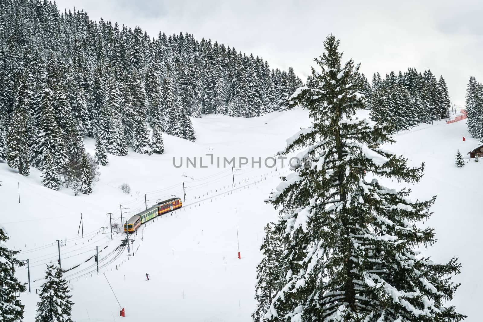 Train going up the mountain in winter in Switzerland