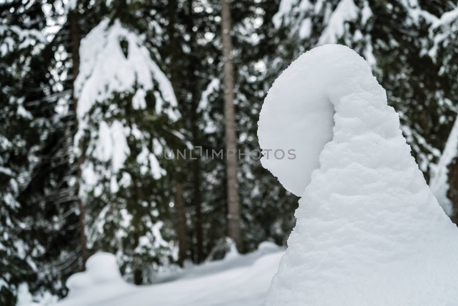 Snowdrift on a post in the mountain in winter