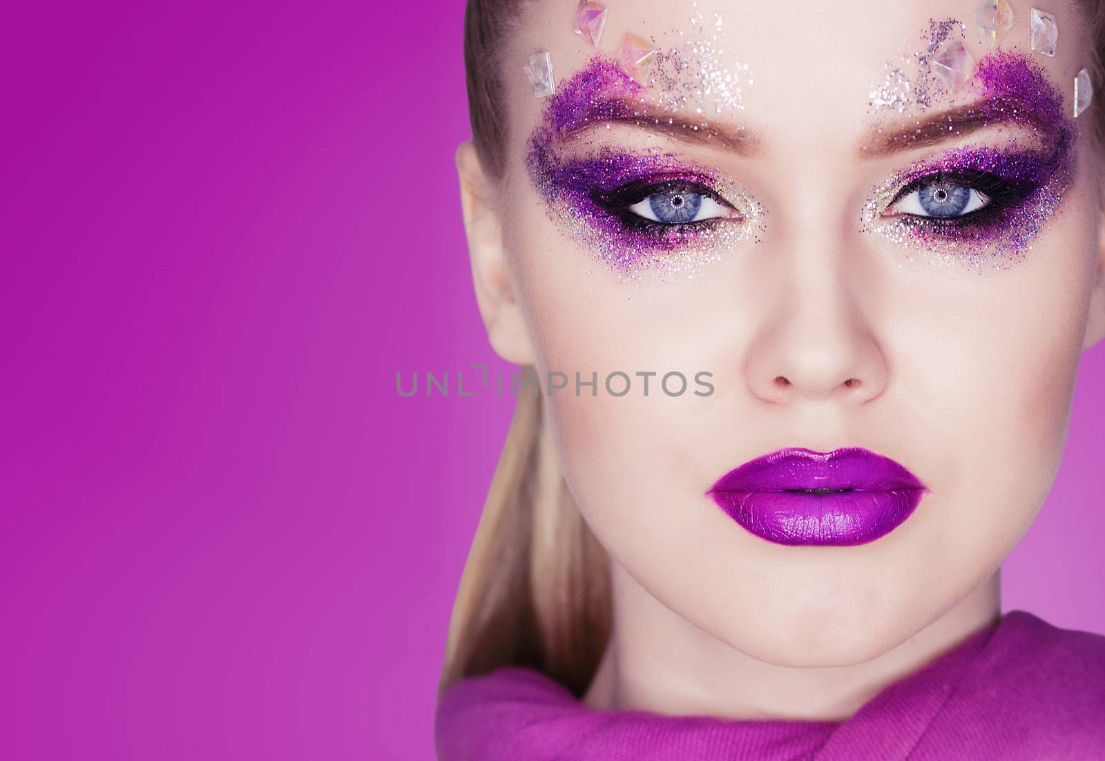 Beauty Makeup. Purple Make-up and Colorful Bright Nails. Beautiful Girl Close-up Portrait.