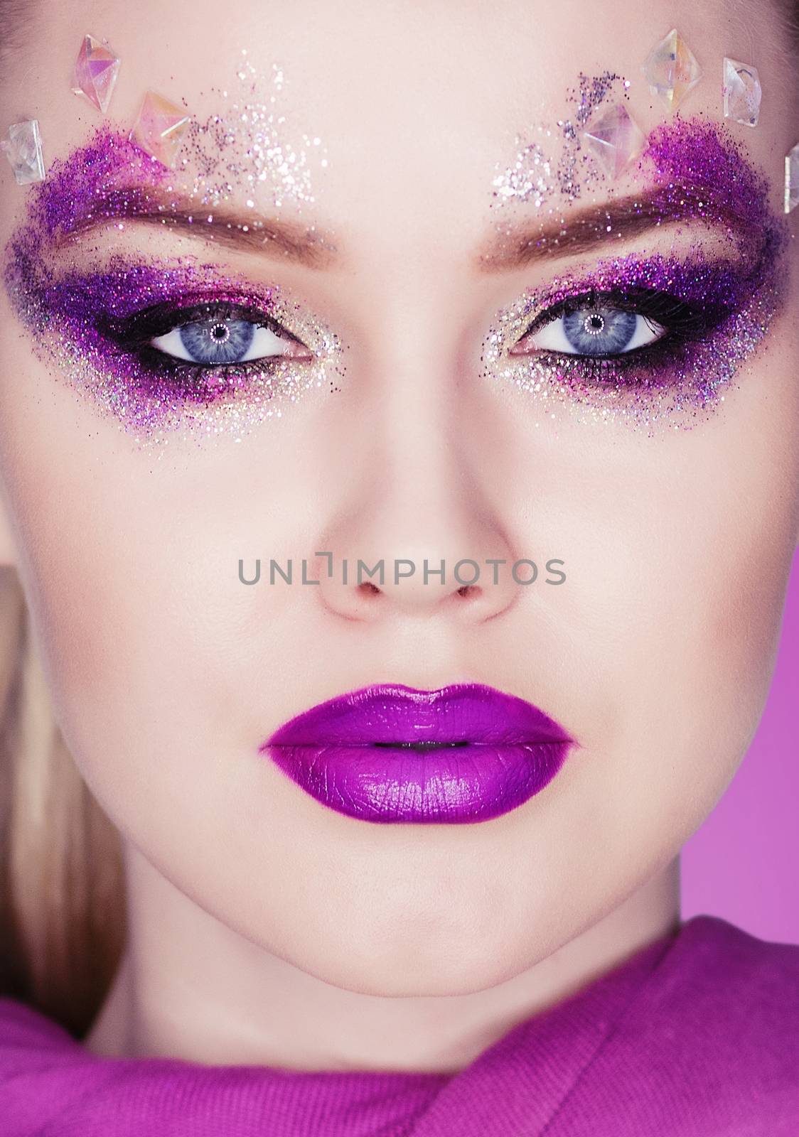 Beauty Makeup. Purple Make-up and Colorful Bright Nails. Beautiful Girl Close-up Portrait by 3KStudio