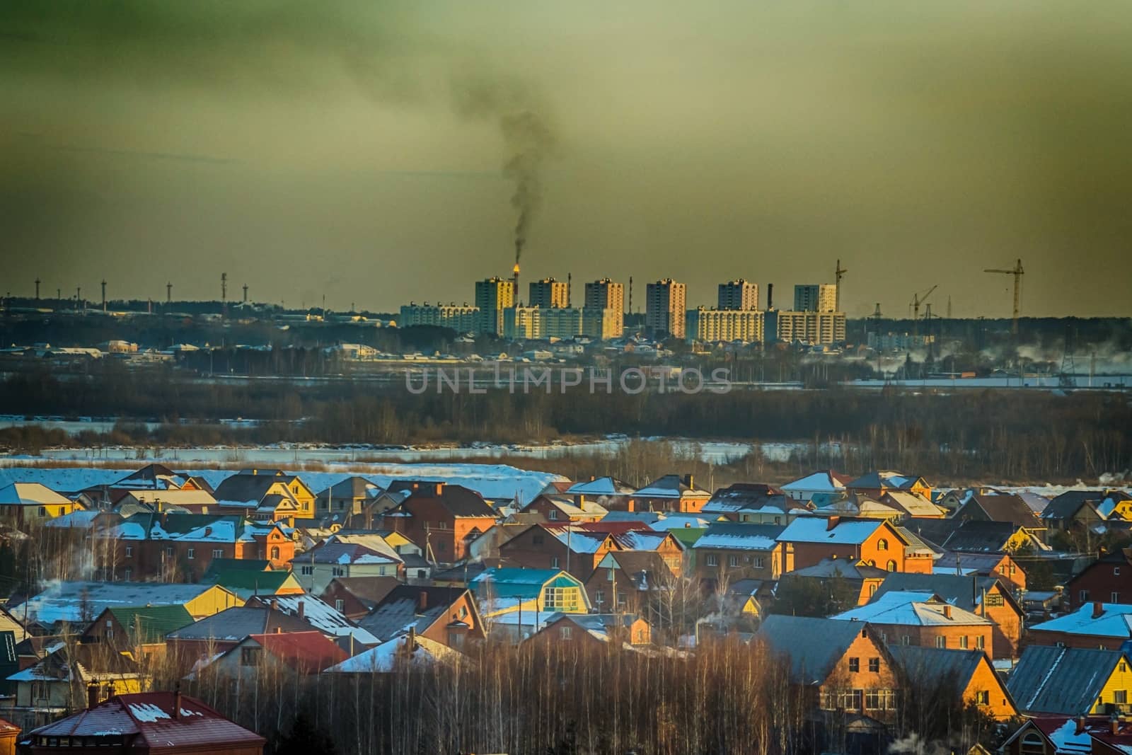 old buildings in the snow, a lot of homes new year's eve