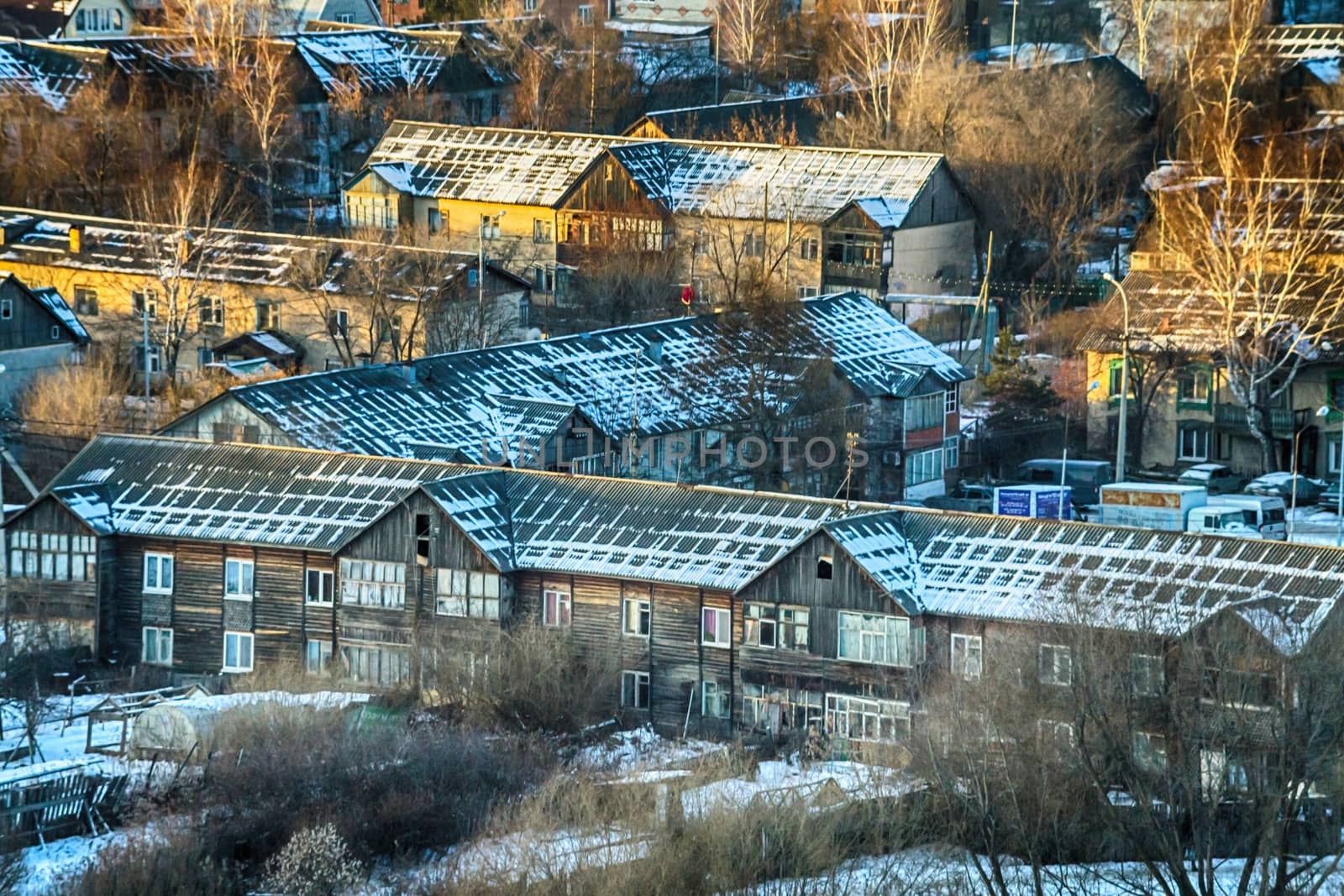 old buildings in the snow, a lot of homes new year's eve