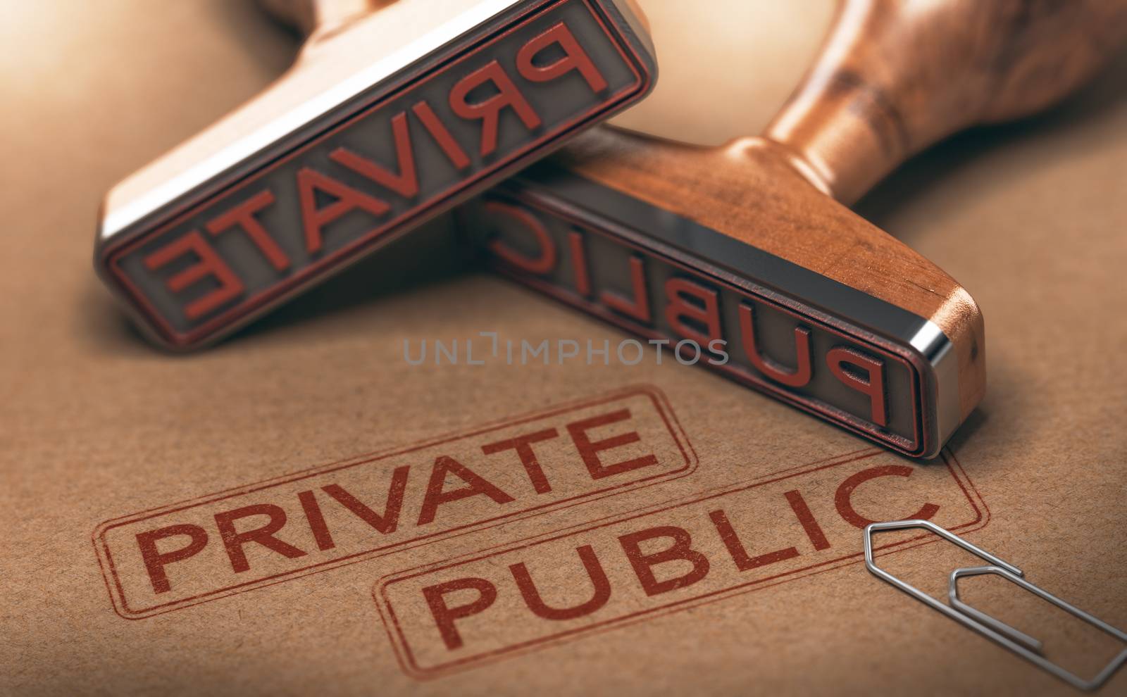 3D illustration of two rubber stamps over paper background. Private versus public sectors concept.