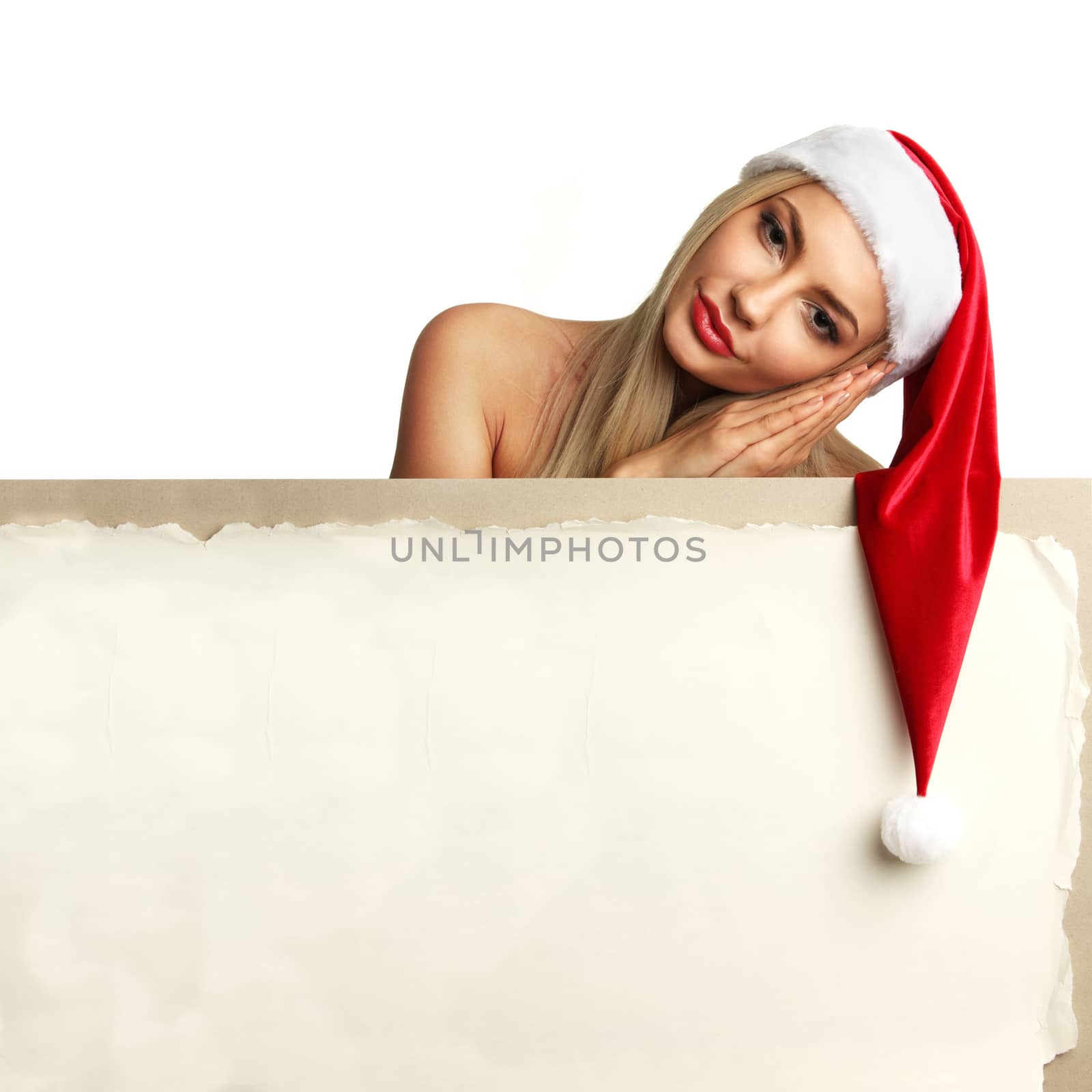 Santa girl holding blank vintage sign billboard. Christmas woman in Santa hat showing paper sign isolated on white background