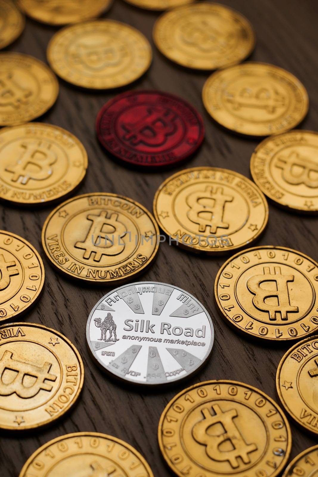 Crypto currency physical bitcoin coin. Bitcoin tokens digital money concept.