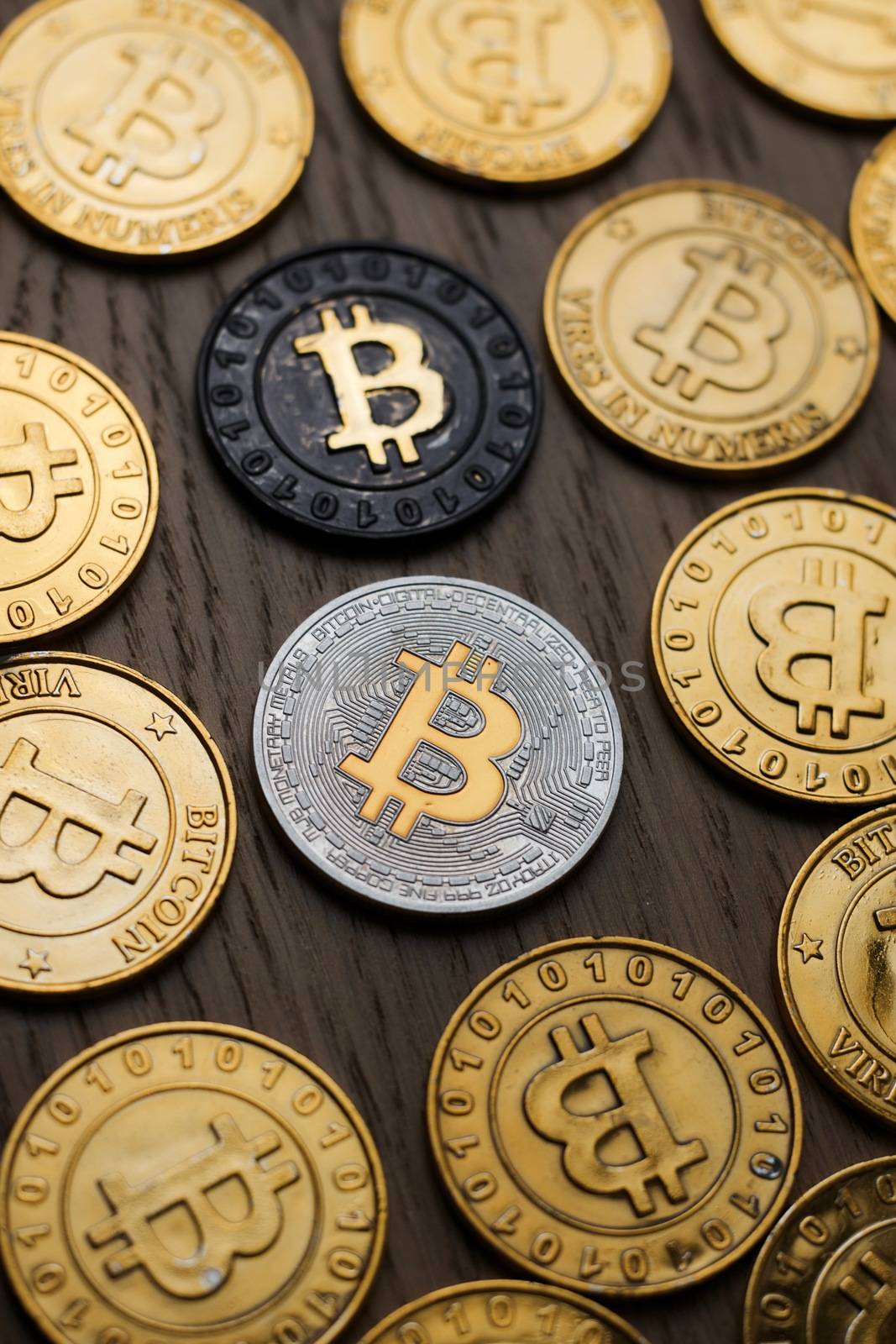 Crypto currency physical bitcoin coin. Bitcoin tokens digital money concept.