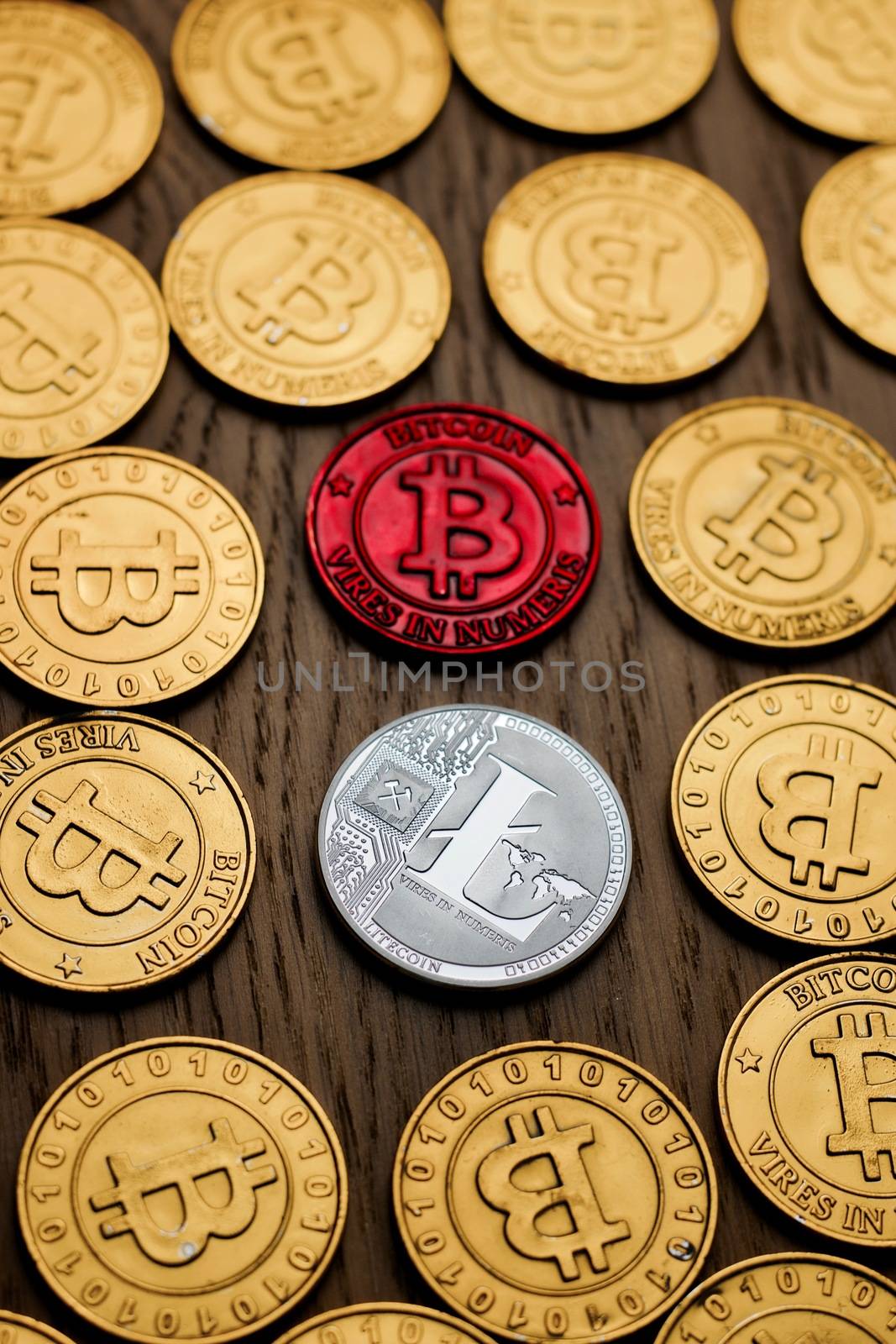 Crypto currency physical bitcoin coin. Bitcoin tokens digital money concept.