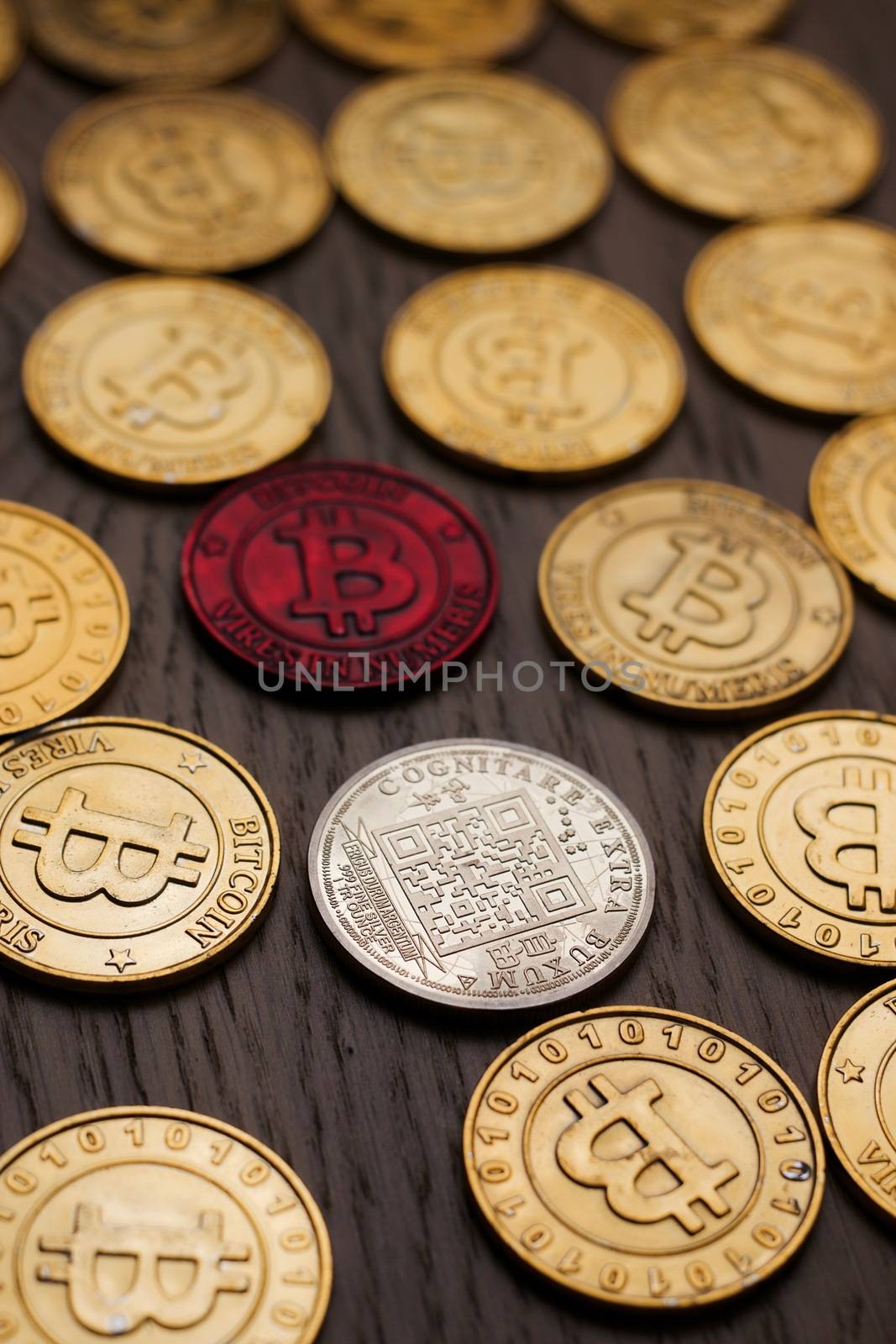 Crypto currency physical bitcoin coin. Bitcoin tokens digital money concept.