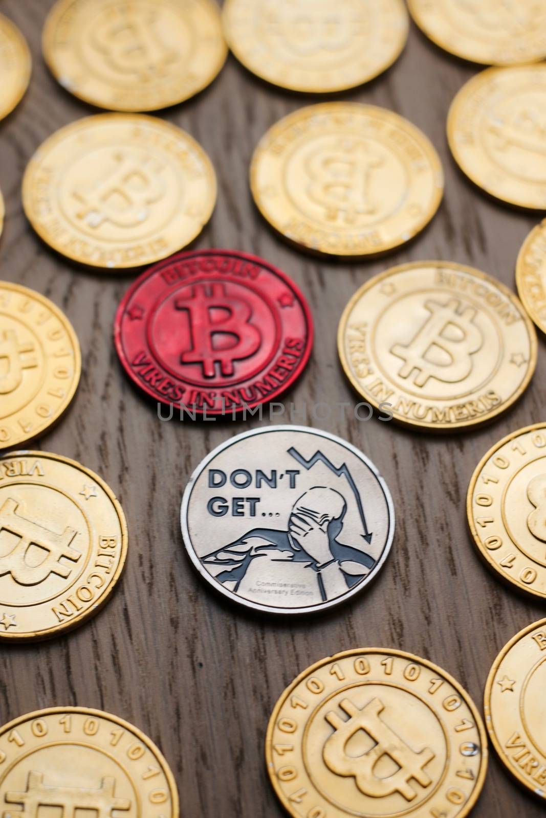 Crypto currency physical bitcoin coin. Bitcoin tokens digital money concept.