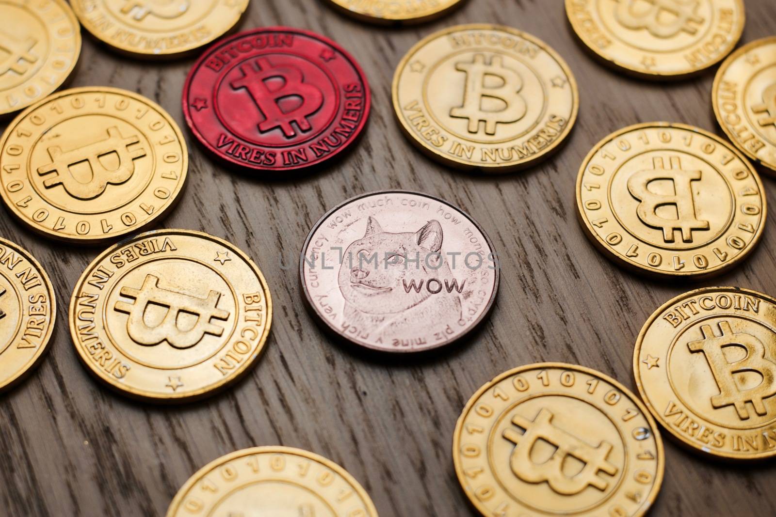 Crypto currency physical bitcoin coin. Bitcoin tokens digital money concept.