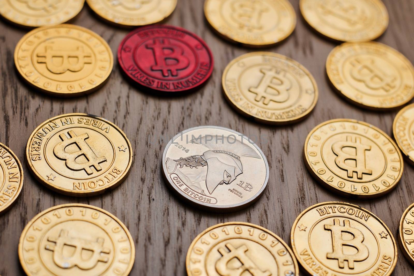 Crypto currency physical bitcoin coin. Bitcoin tokens digital money concept.