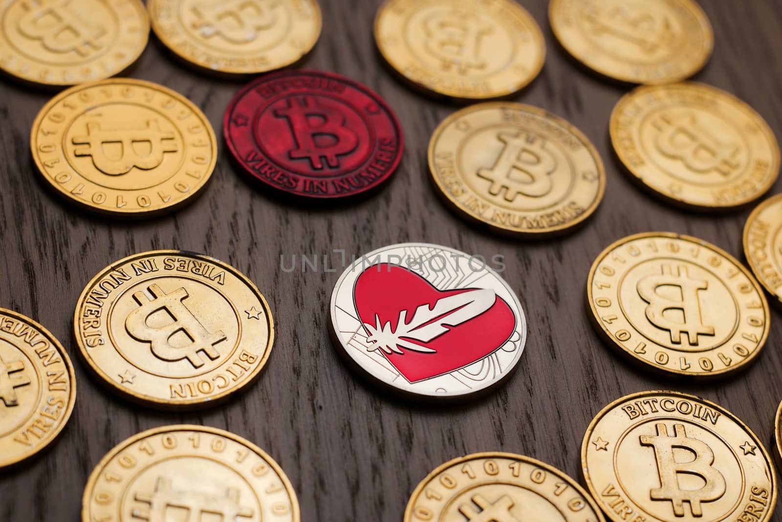 Crypto currency physical bitcoin coin. Bitcoin tokens digital money concept.