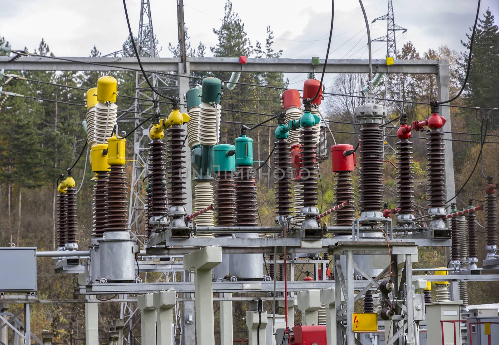 Electric power substation: electricity substation, power Line and power station. Equipment and cable. 