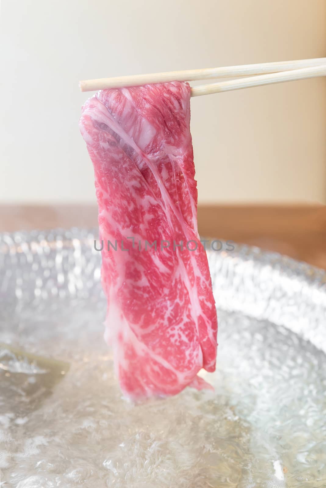 Beef Wagyu A5 Shabu shabu with steam, Groumet Japanese hot pot cuisine