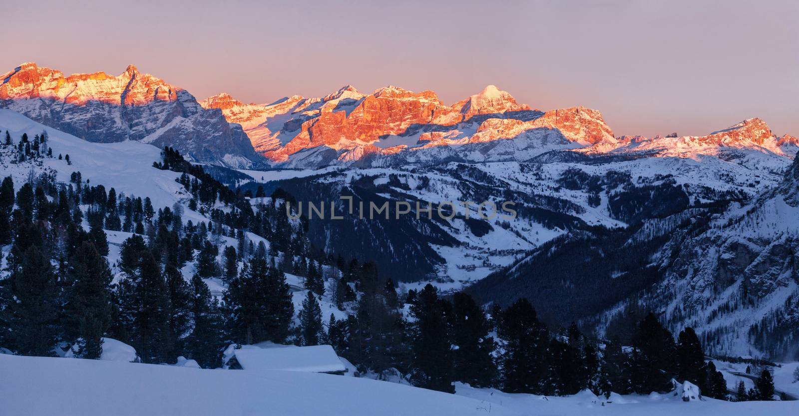 Panoramic view of sunset over Dolomites Fanis from Passo Gardena, South Tirol, Dolomites mountains, Italy