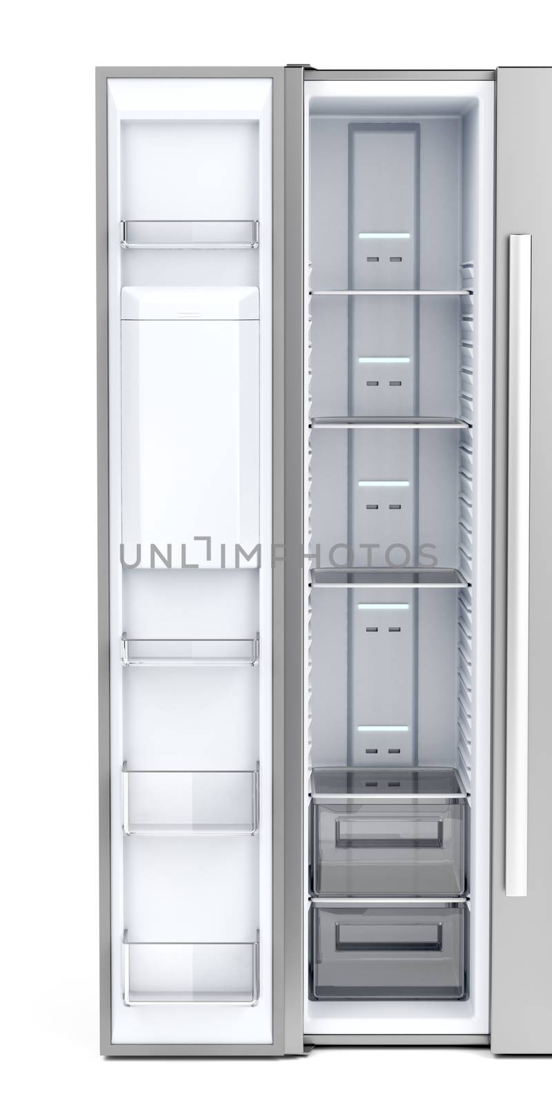 Opened door on empty side-by-side freezer, front view