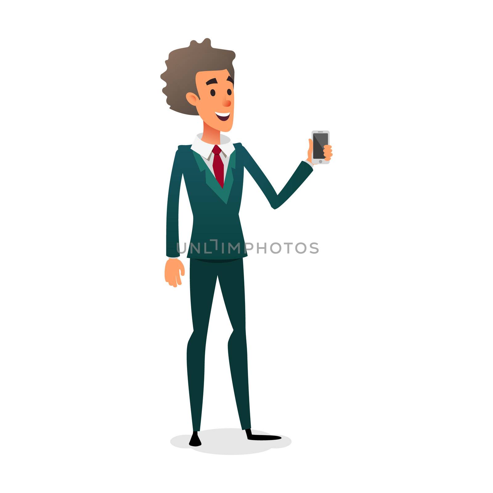 Sellers with Phone. Sales Consultant shows a gadget. Cartoon character. A young worker is selling a smartphone.