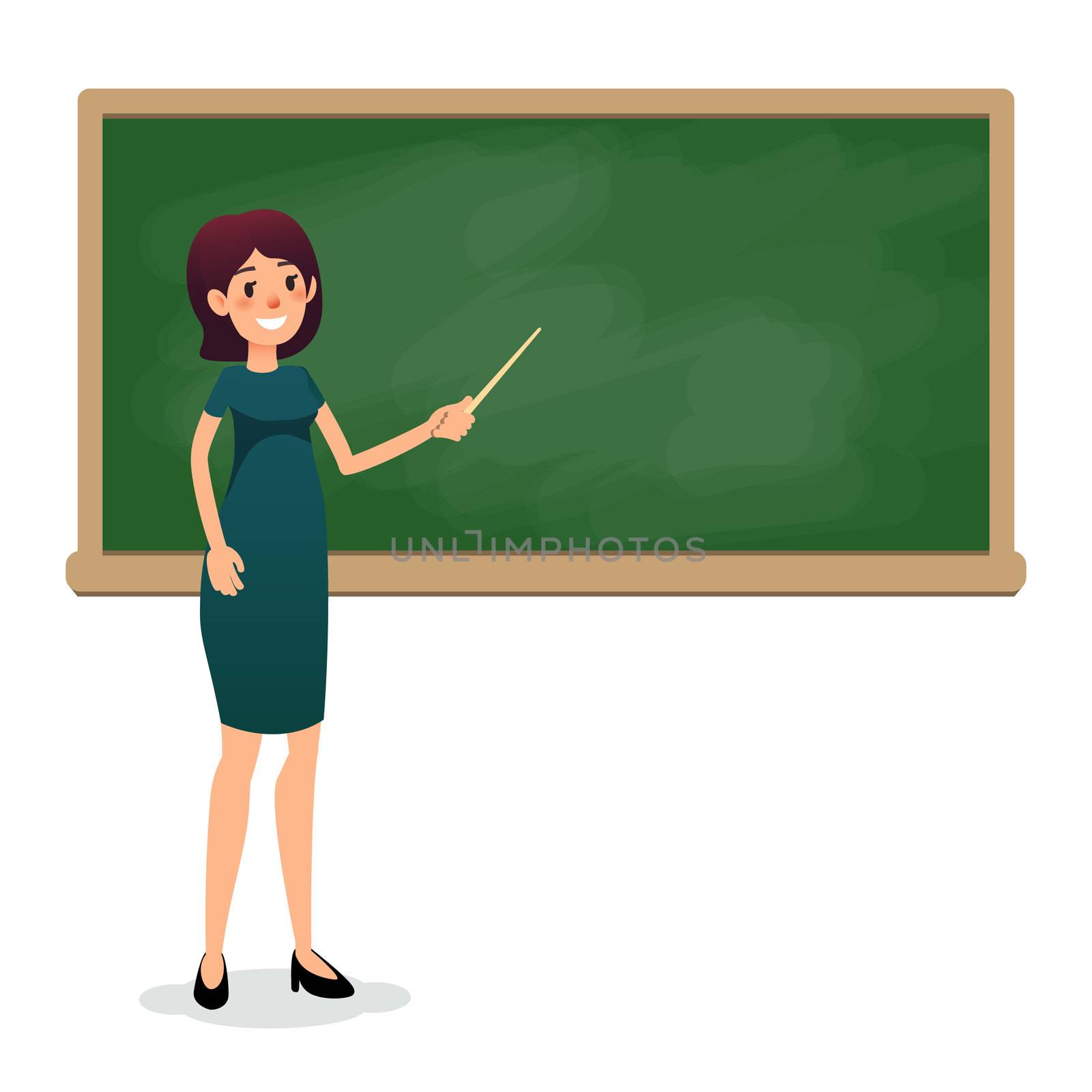 Cartoon flat women with pointer in the classroom near the blackboard is teaching a lesson. Yang female teacher at the university is giving a lecture. Flat teacher on lesson showing on board. Empty space for text. by Elena_Garder