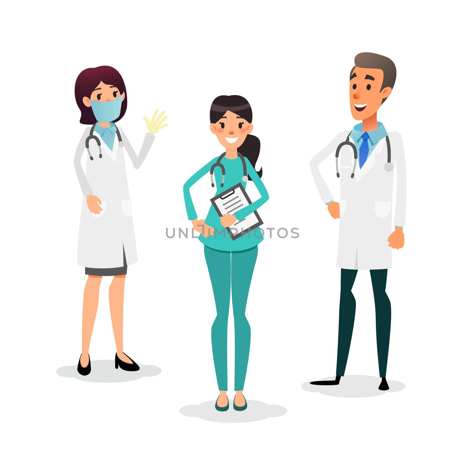 Doctors and nurses team. Cartoon medical staff. Medical team concept. Surgeon, nurse and therapist on hospital. Professional health workers. by Elena_Garder