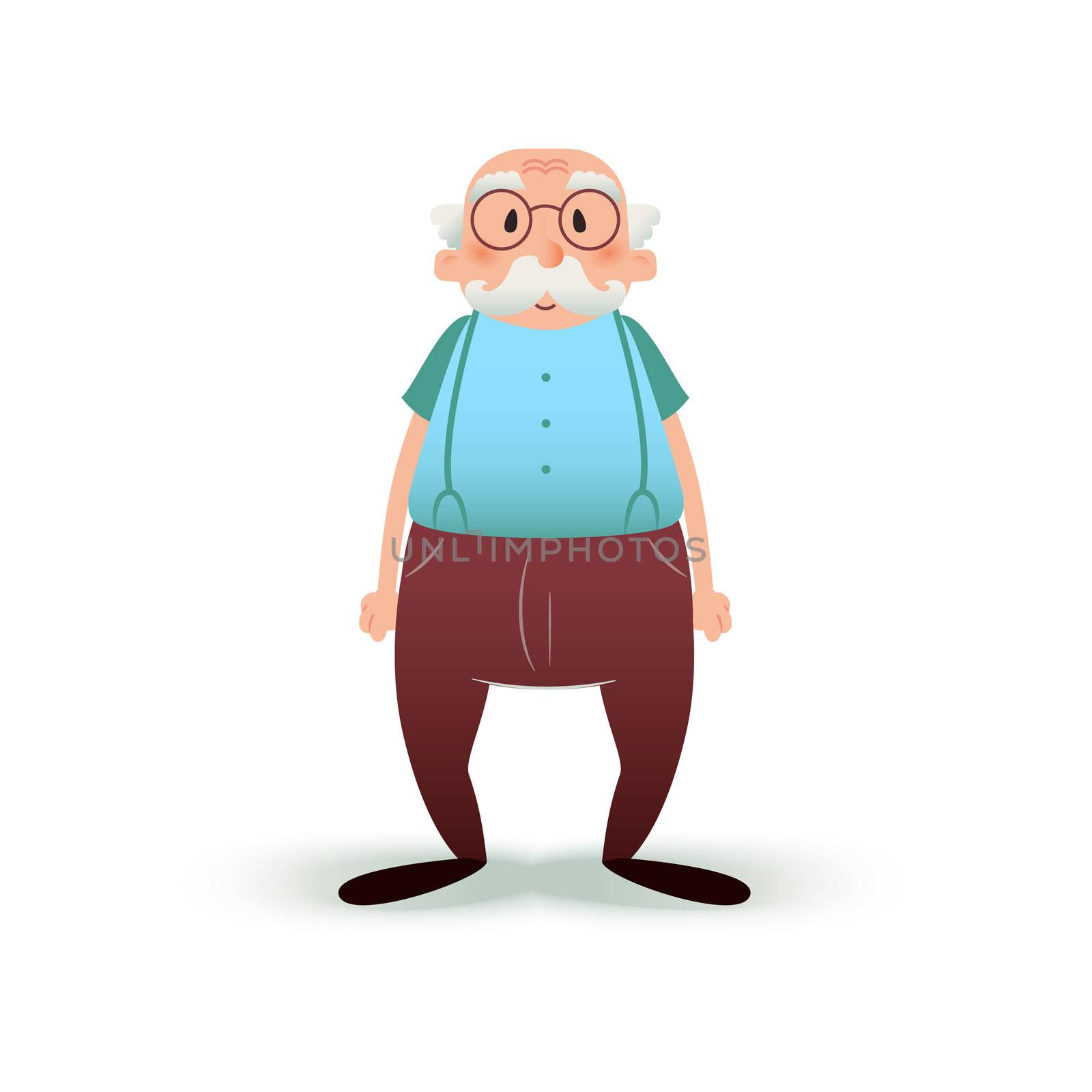 Funny cartoon old man character. Senior in glasses and with a mustache. Grandfather illustration isolated on white background. Elder man in pants on suspenders. by Elena_Garder