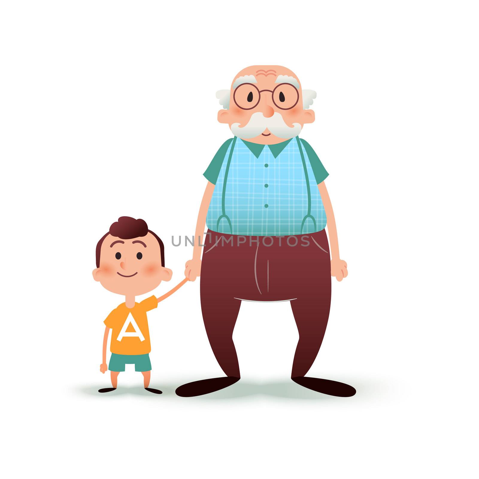 Grandfather and grandson holding hands. Little boy and old man cartoon illustration. Happy family concept