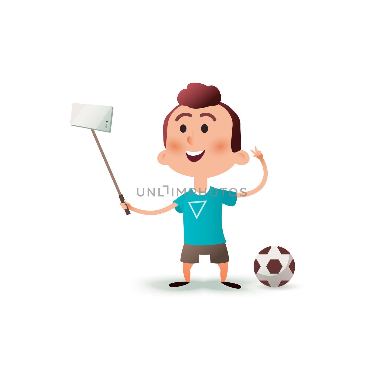 Cartoon little boy character makes selfie. Portrait of a child making selfie photo on smartphone isolated on a white background. The kid takes pictures of himself on the phone on flat style by Elena_Garder