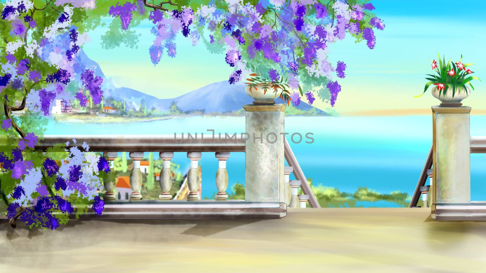 Stairs at Descent to the Sea in a Park on a sunny day. Digital Painting Background, Illustration in cartoon style character.