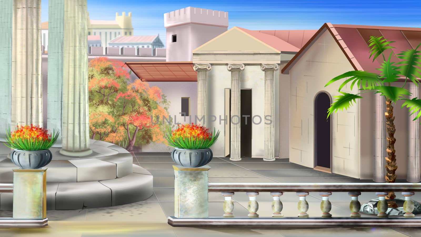 Antique courtyard in a summer sunny day. Digital painting background, Illustration in cartoon style character.