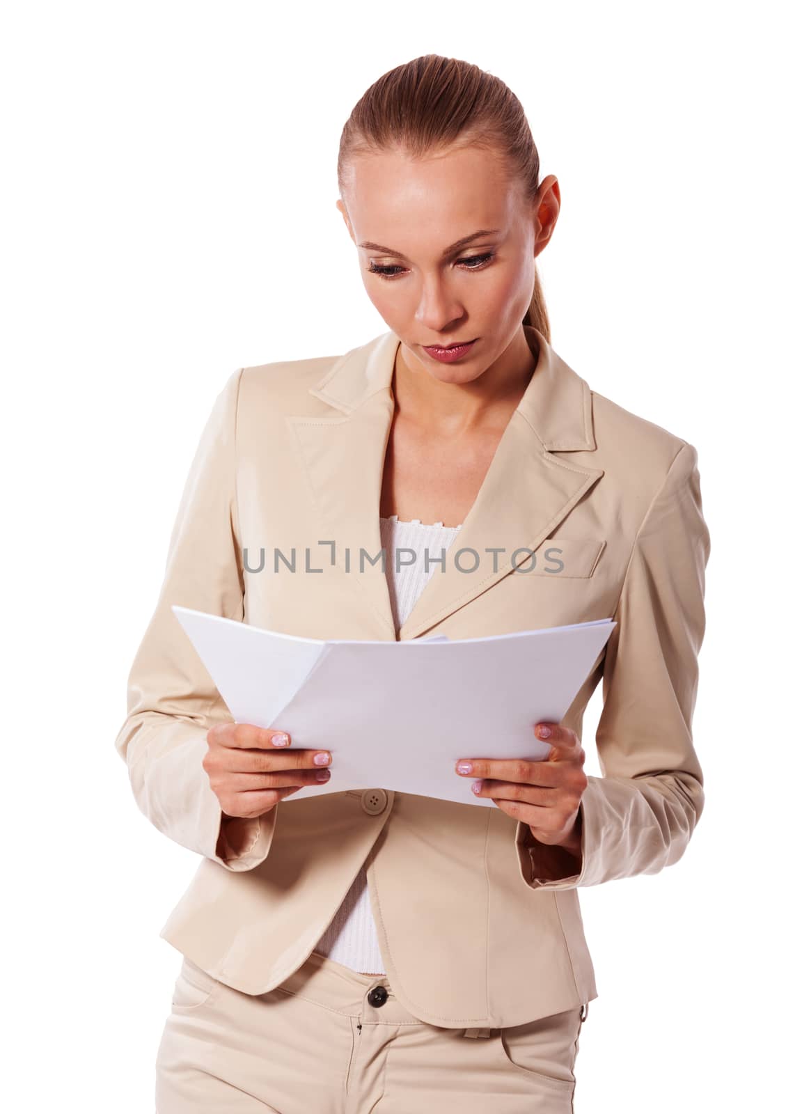 Businesswoman holding papers got idea isolated on white