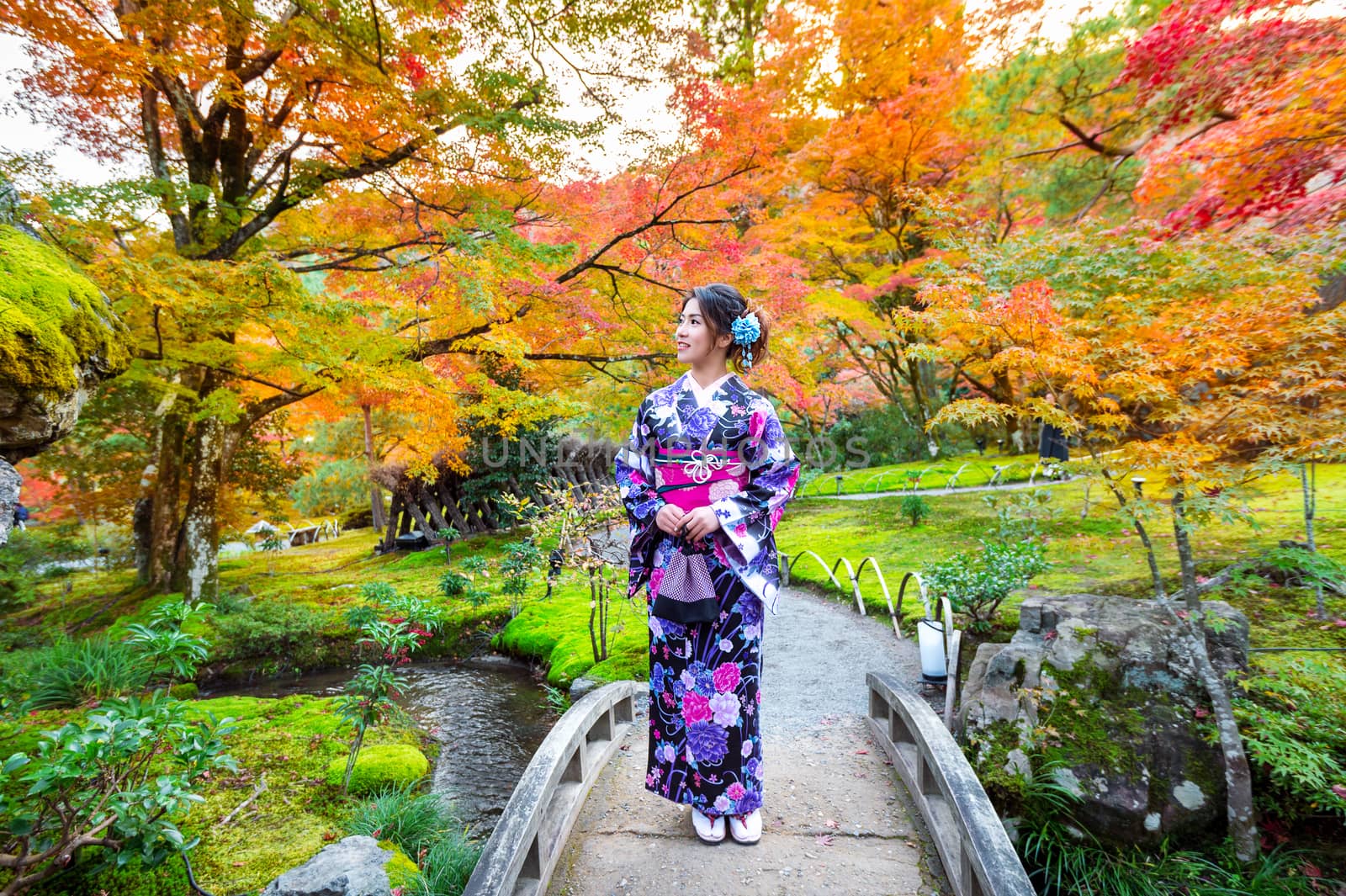 Asian woman wearing japanese traditional kimono in autumn park.  by gutarphotoghaphy