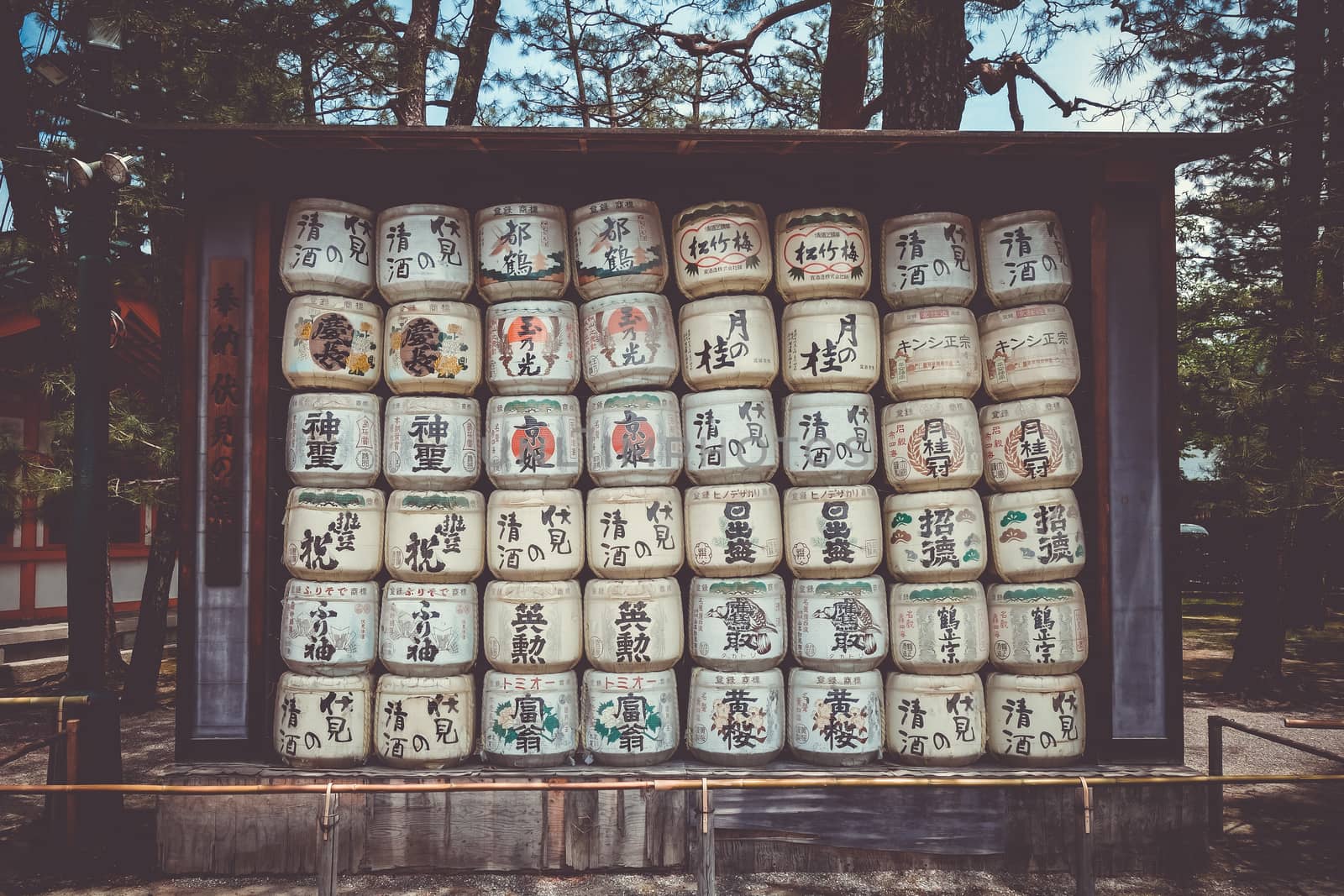 Traditional Kazaridaru barrels in Heian Jingu Shrine, Kyoto, Japan