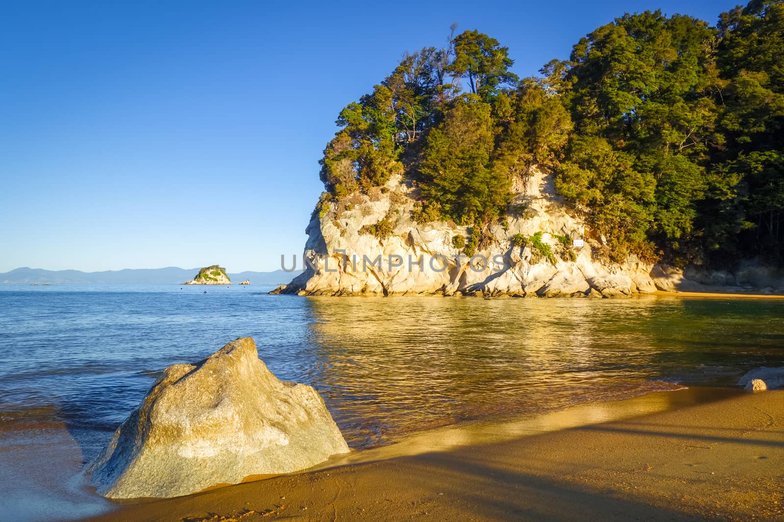 Creek and beach at sunset in Abel Tasman National Park. New Zealand