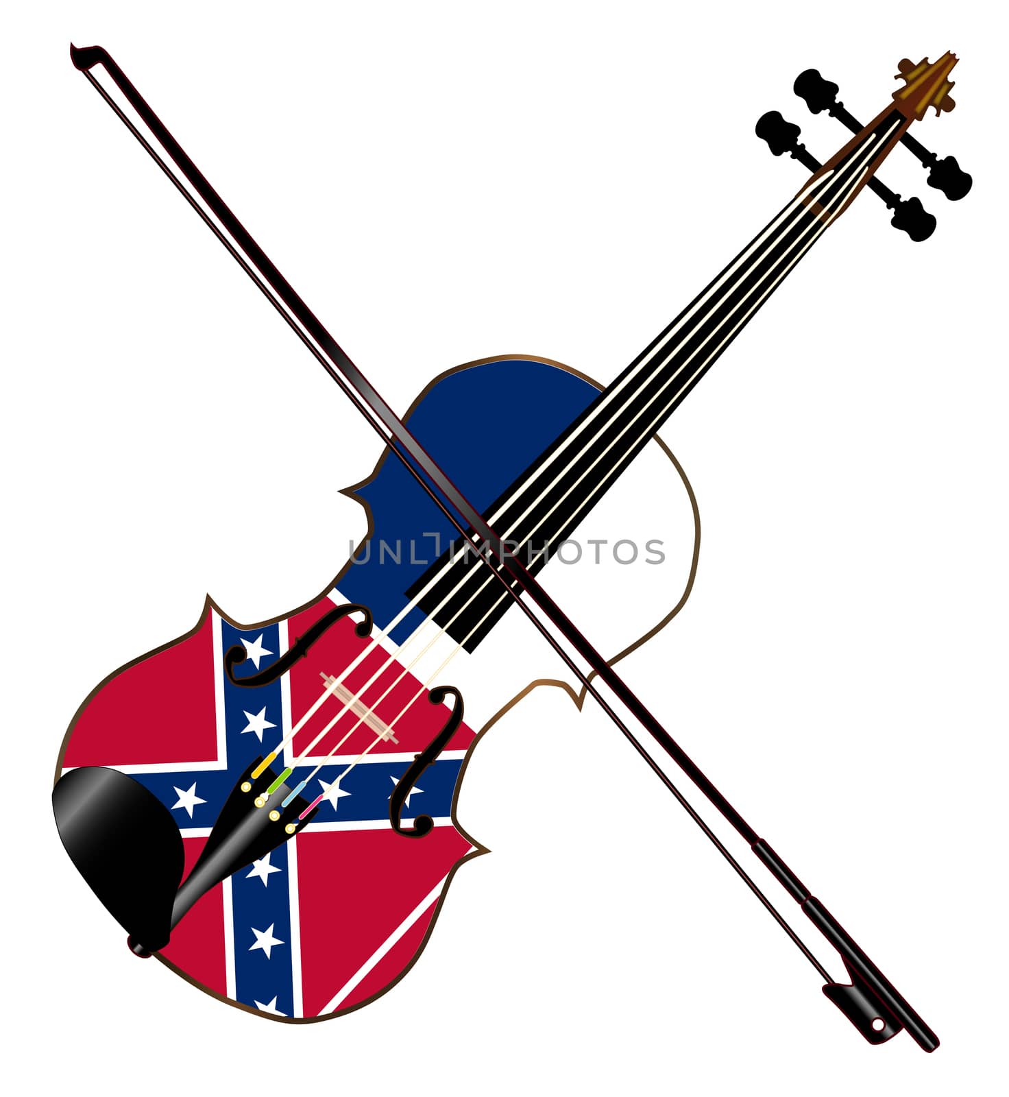 A typical violin with Mississippi flag and bow isolated over a white background