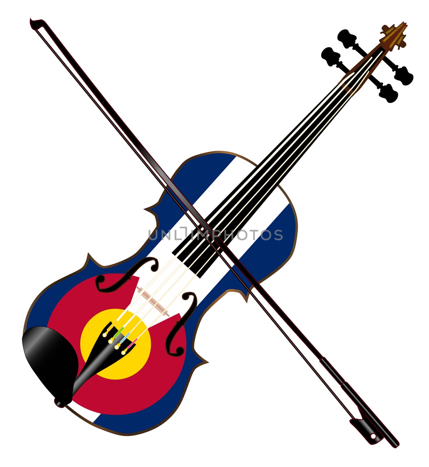 A typical violin with Colorado flag and bow isolated over a white background
