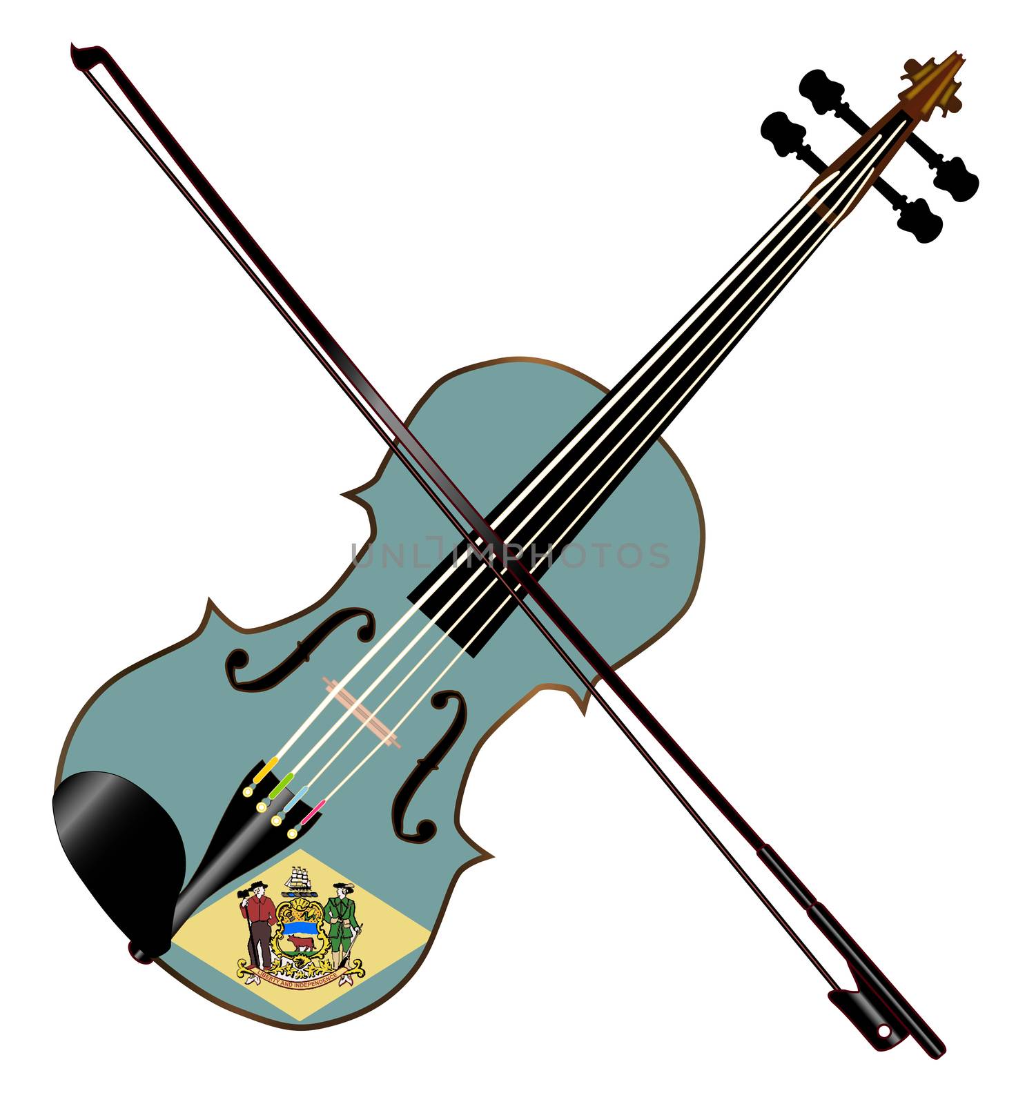A typical violin with Delaware state flag and bow isolated over a white background