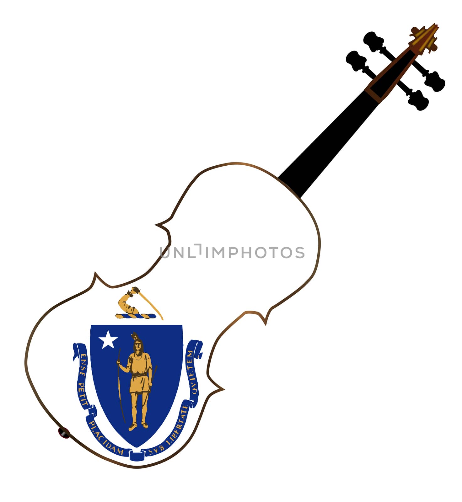 A typical violin with Massachusetts state flag isolated over a white background